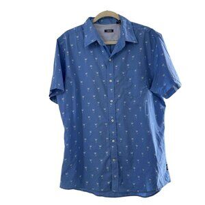 Izod Blue Short-Sleeve Button-Up Shirt With White Palm Tree Print Large Resort